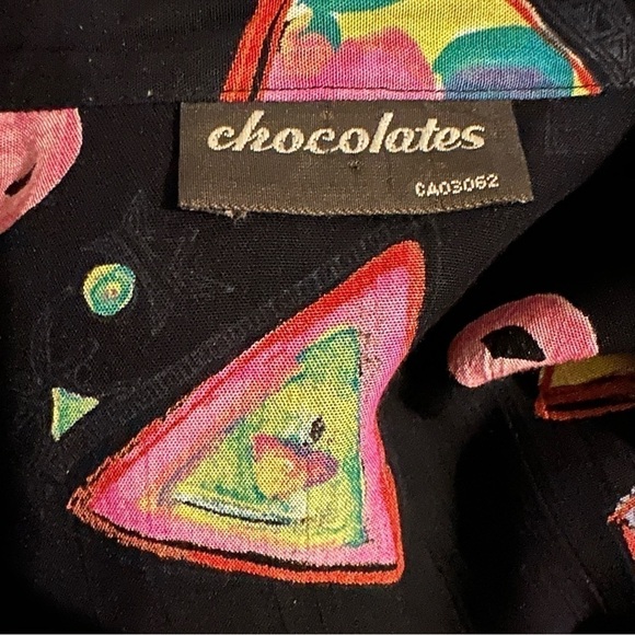 Vintage Chocolates 8 Retro Geometric Black Bright Print Button-Down Blouse - Picture 11 of 12